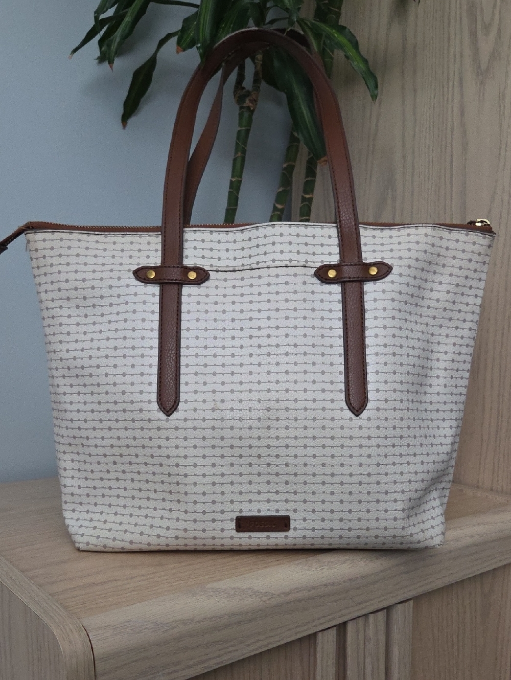 Fossil Cream Patterned Tote with Brown Trim